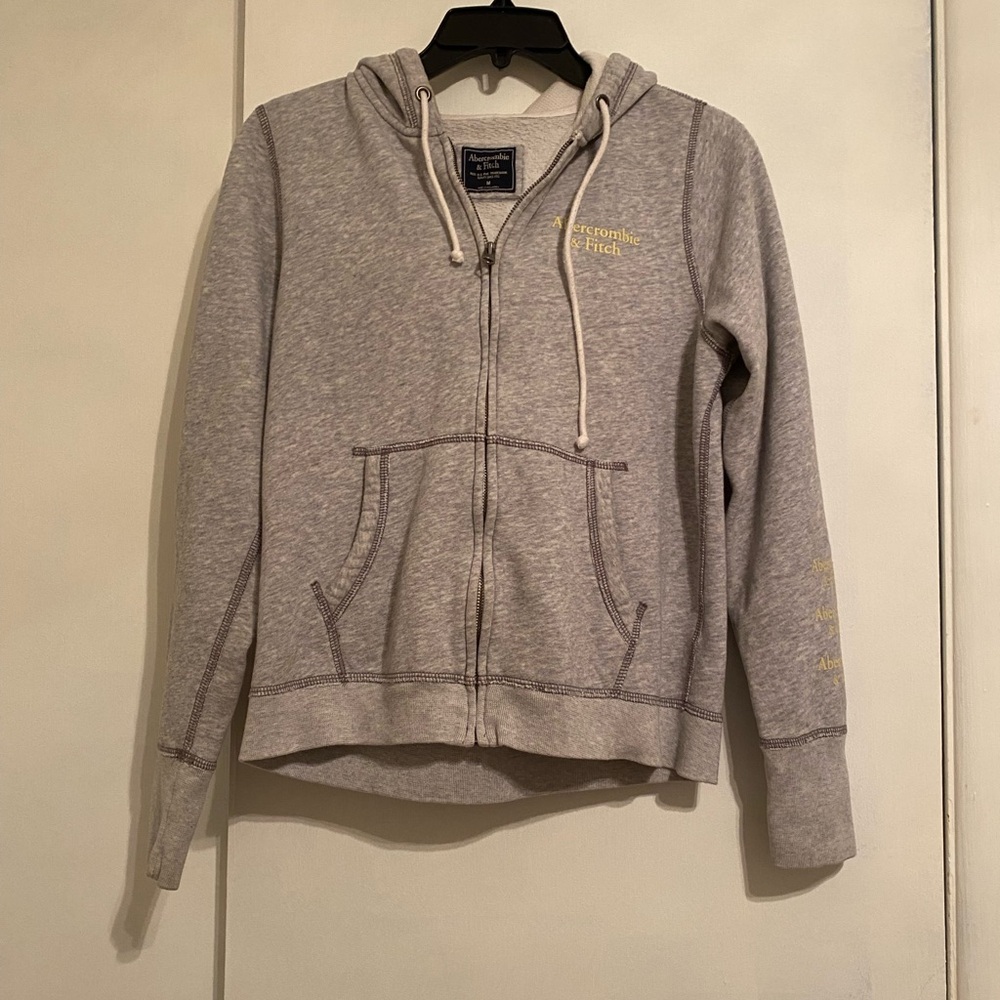 Abercrombie & Fitch Heather Gray Hoodie w/neon yellow lettering on long sleeves